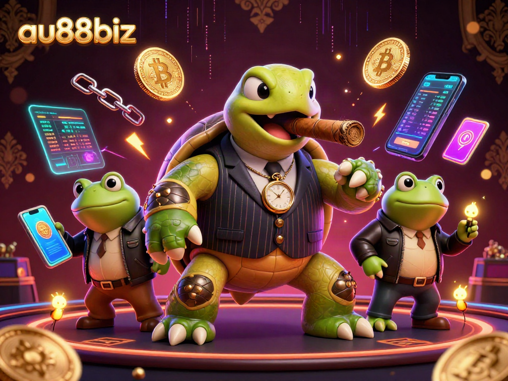 Engage with au88biz through vibrant 3D casino characters and crypto elements in a dynamic illustration.