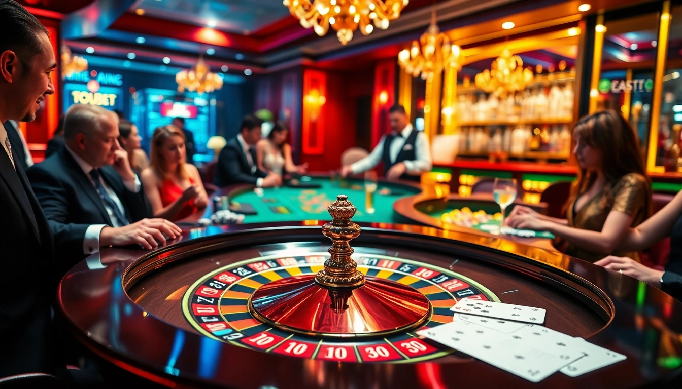 Gambling excitement at the 188 bet casino with roulette, poker chips, and lively players.