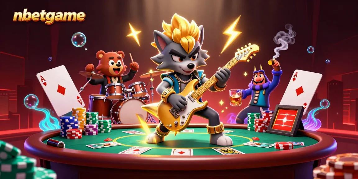Engaging nbetgame scene featuring rock star wolf and drummer bear at a lively casino stage.