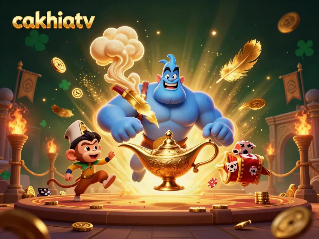 Join the adventure at cakhiatv with an exciting genie and poker-themed casino scene, full of vibrant detail.