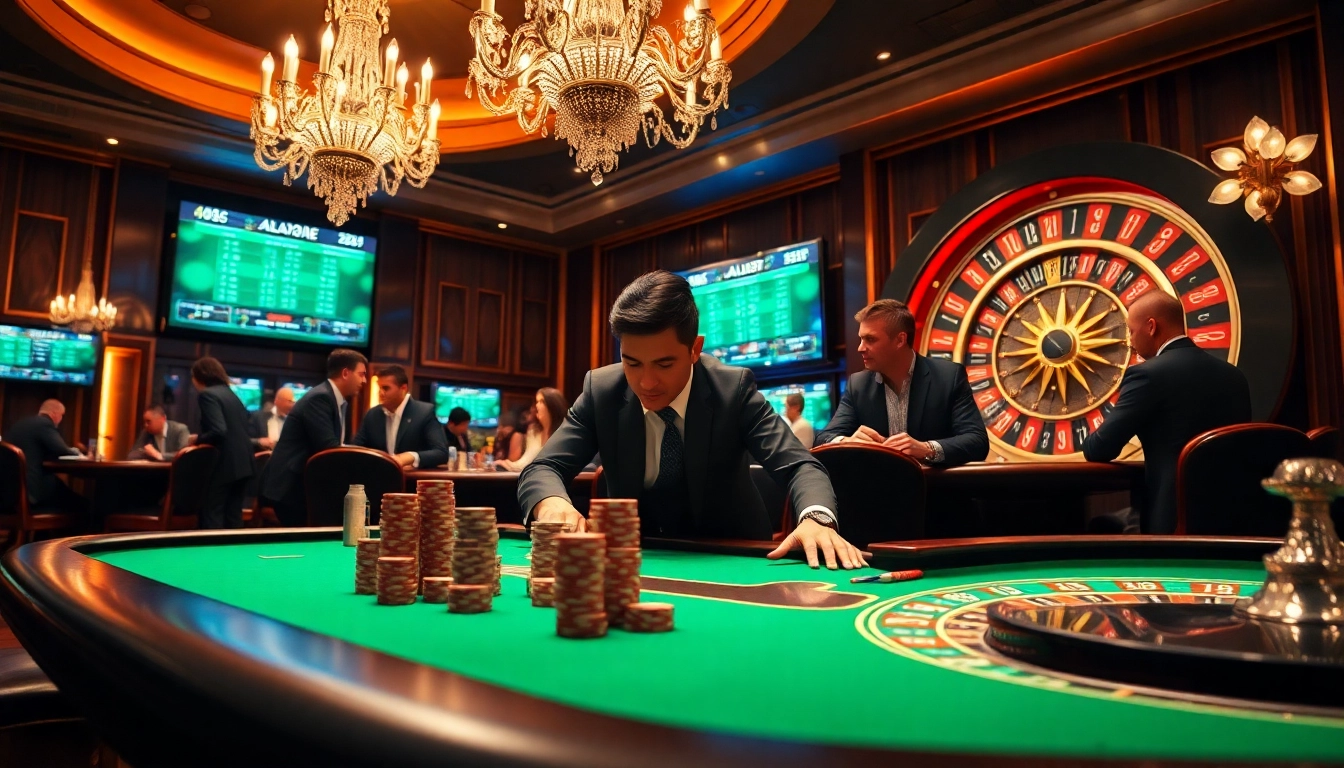 A thrilling gambling scene featuring players at ALO789's casino table with poker chips and a roulette wheel.
