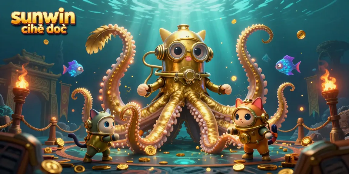Experience the thrills of sunwin chính thức at an underwater casino with a kraken and diving cat scene.