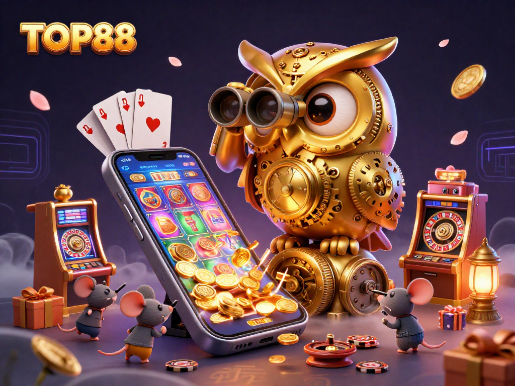 Engage with the exciting world of TOP88, featuring a golden owl and animated casino elements.
