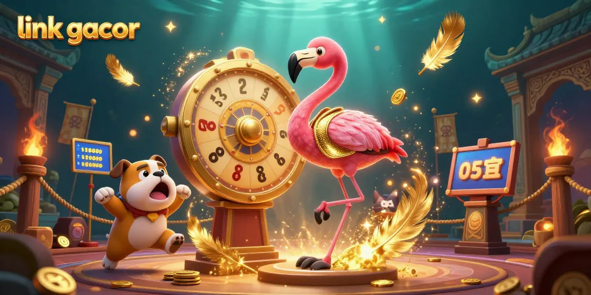 Spin to win with link gacor in this vibrant 3D casino scene showcasing exciting prizes and gaming elements.