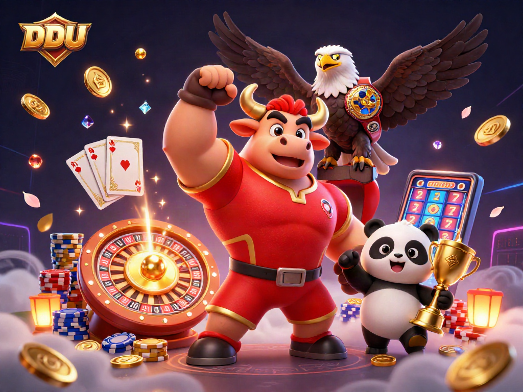 Experience thrilling wins at DDUU with a festive casino scene featuring mascot characters celebrating victory.