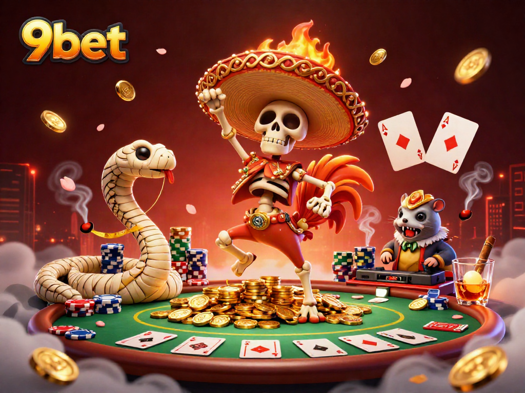 Experience the thrill of 9bet with lively characters in a festive casino scene filled with poker elements.