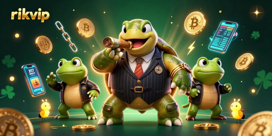 Win at rikvip with vibrant 3D cartoon characters lighting up the casino floor with crypto elements.