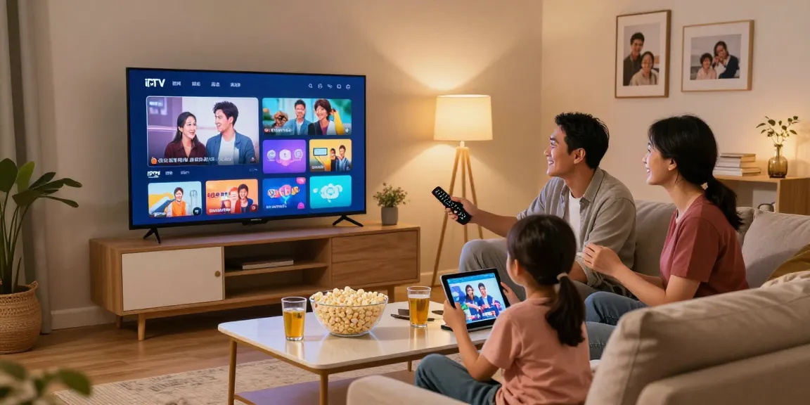 Família assistindo IPTV na sala, desfrutando de entretenimento com alegria.