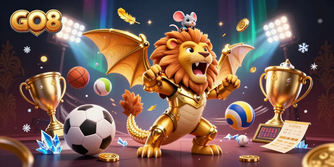 Experience thrilling gambling fun with GO8's majestic chimera and sports elements in this vibrant illustration.