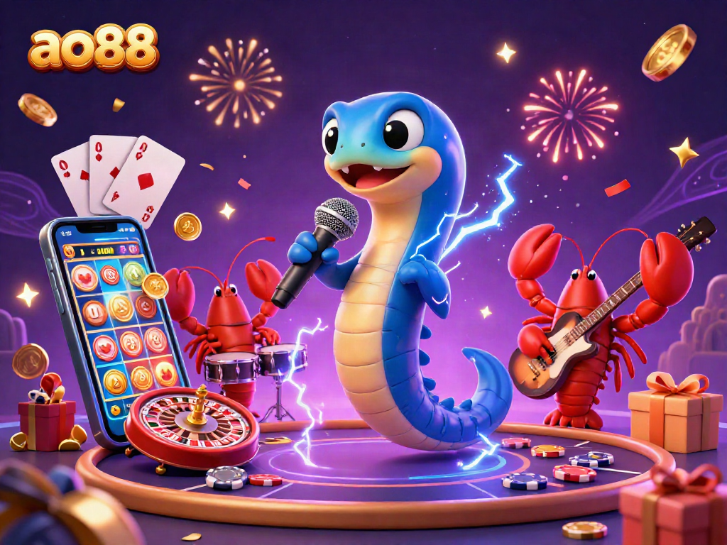 Experience the excitement of ao88 as the electric eel DJ performs in an underwater casino with vibrant slots and confetti.