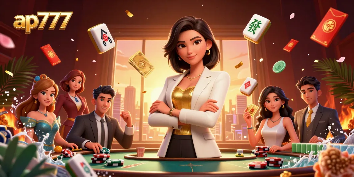Experimente uma jogatina emocionante no ap777 com uma mulher elegante segurando cartas douradas em meio a elementos vibrantes de cassino.