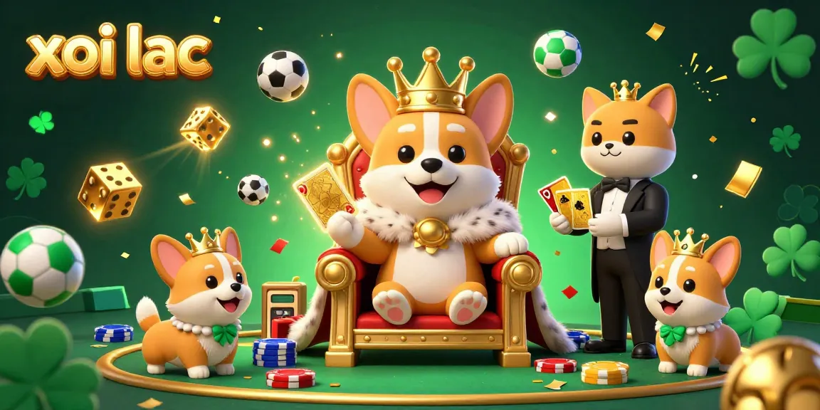 Xoi lac champions vibrant sports betting with a lively corgi throne and golden card deck.