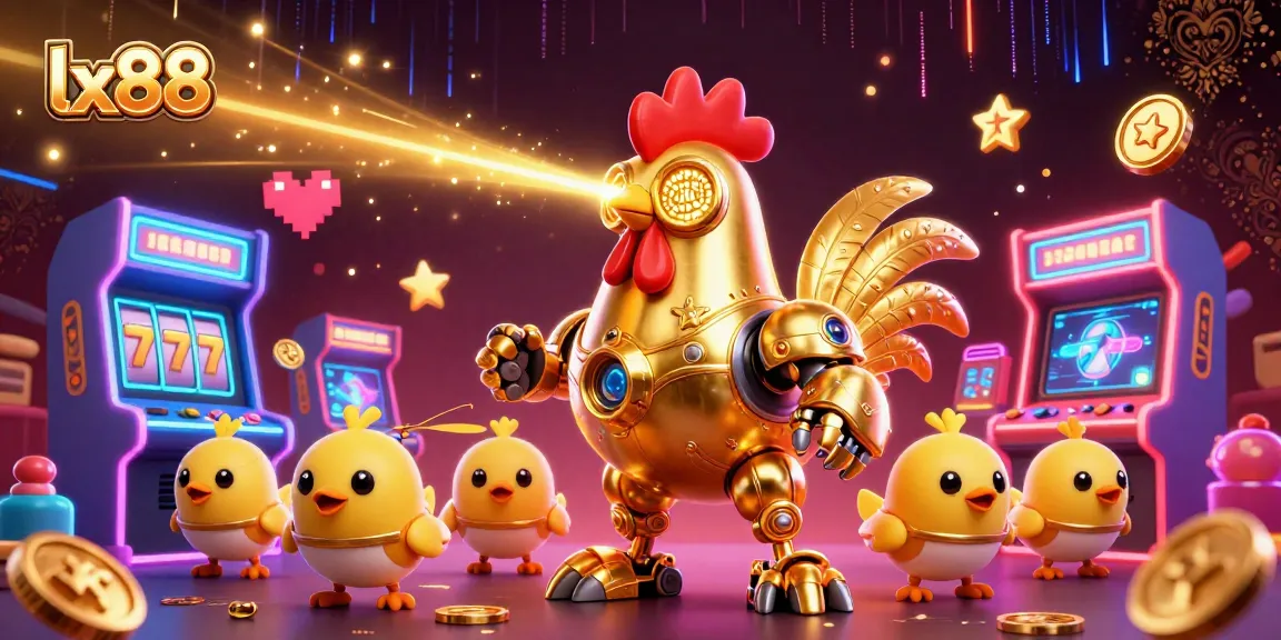 Experience thrilling gameplay at lx88 with a dynamic scene featuring a golden rooster robot and arcade elements.