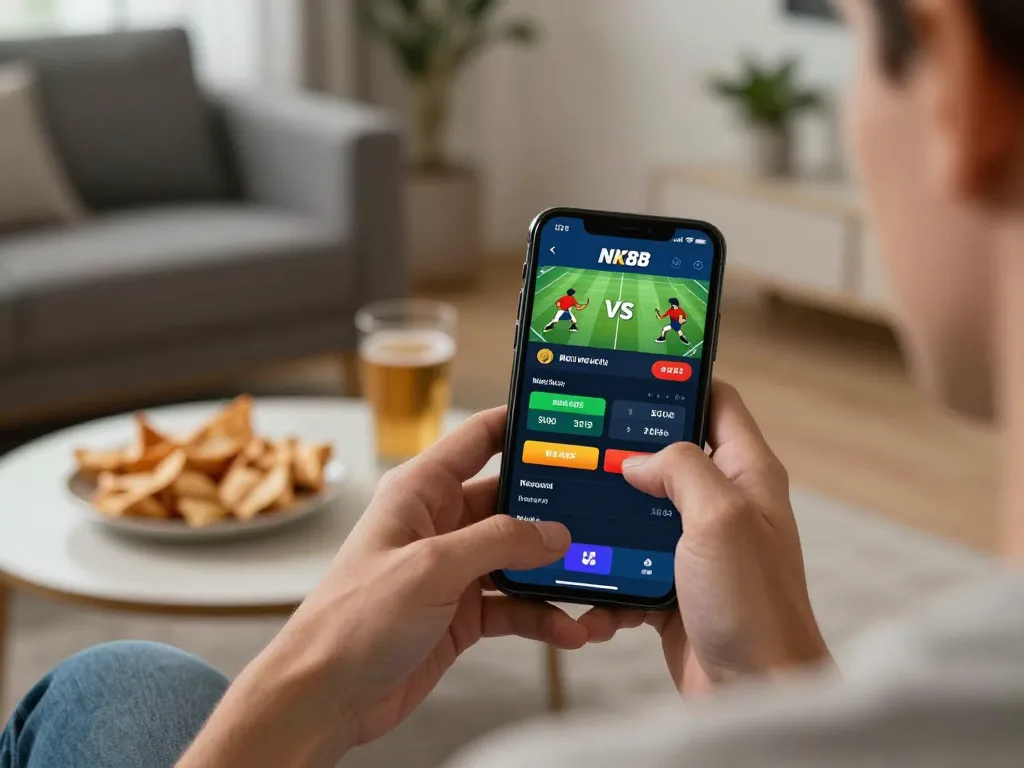 Engaging in NK88 bet on smartphone while enjoying an exciting sports betting moment at home.
