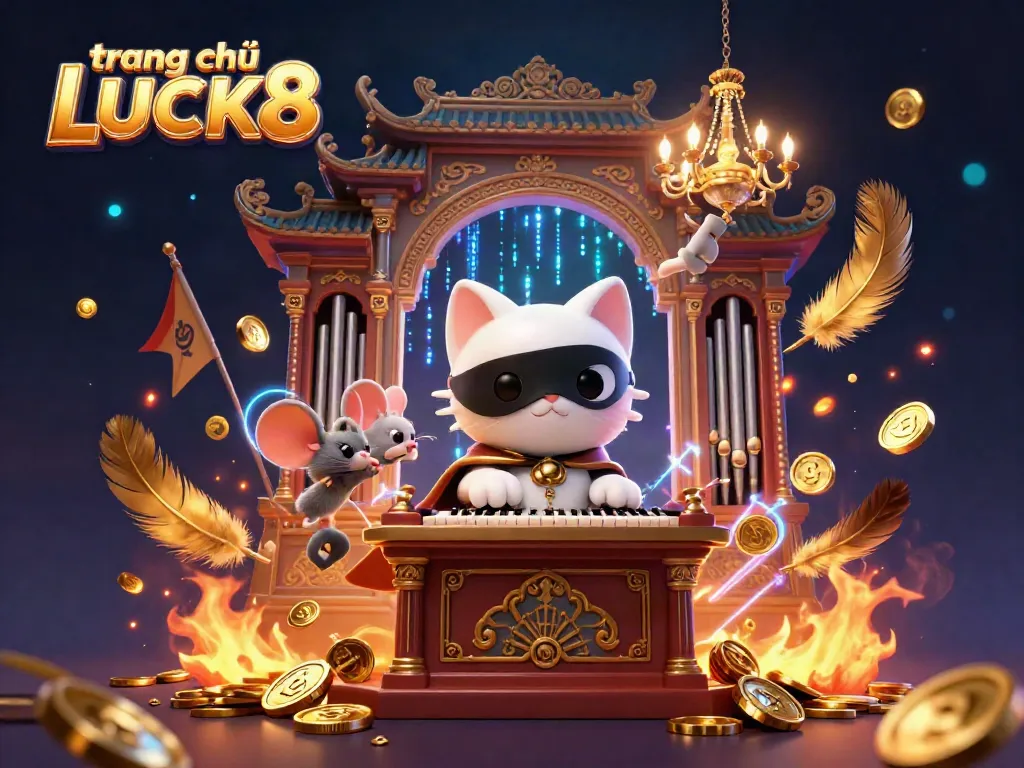Experience the excitement of trang chủ LUCK8 with a captivating 3D casino scene, featuring a phantom cat, gold coins, and dynamic game elements.
