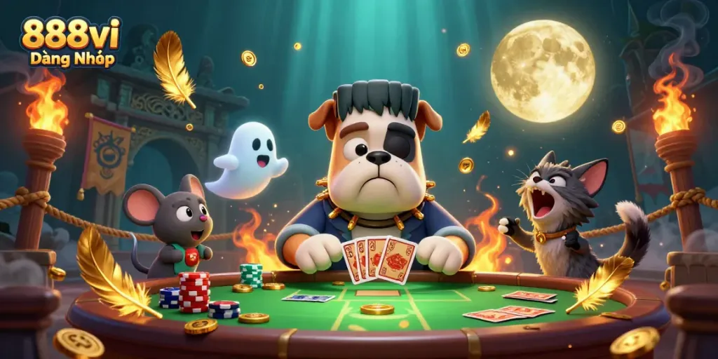Play and win at 888vi Đăng Nhập with an action-packed casino scene featuring unique characters.