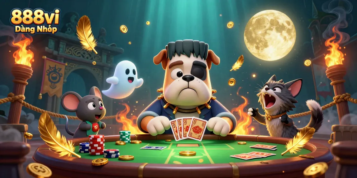 Play and win at 888vi Đăng Nhập with an action-packed casino scene featuring unique characters.