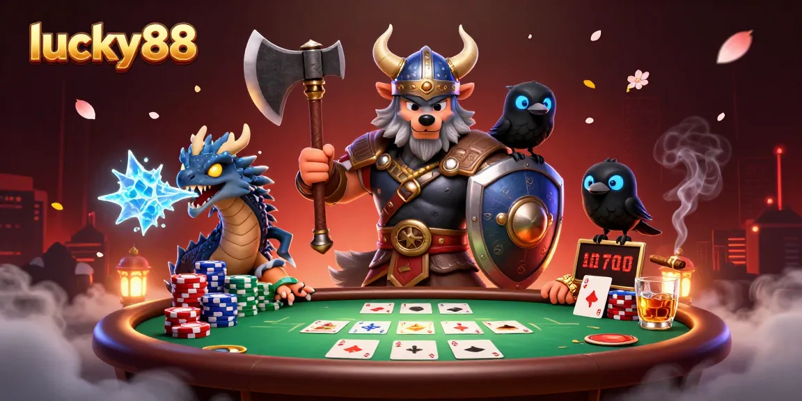 Engage with lucky88’s exciting atmosphere featuring a Viking wolf warrior, dragon, and vibrant casino elements.