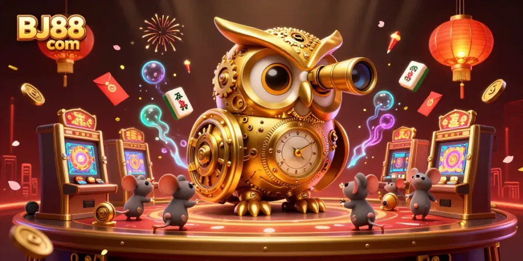 Spin the reels at BJ88 com, with a lively casino scene featuring a golden owl and animated mouse patrons.