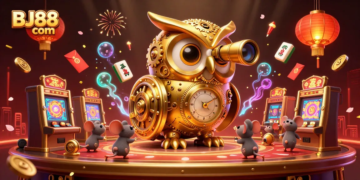 Spin the reels at BJ88 com, with a lively casino scene featuring a golden owl and animated mouse patrons.