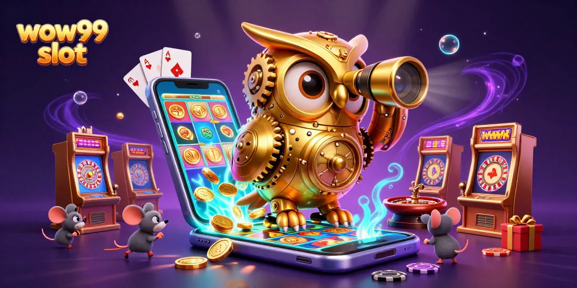 Raih kemenangan besar di wow99 slot dengan ilustrasi kasino penuh warna dan elemen menarik.