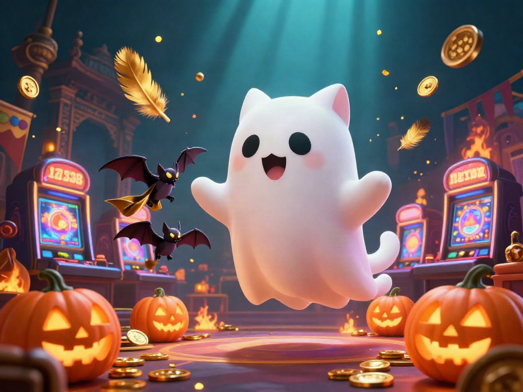 Experience thrilling gameplay at 123B in a vibrant casino setting with a ghost cat and bat.