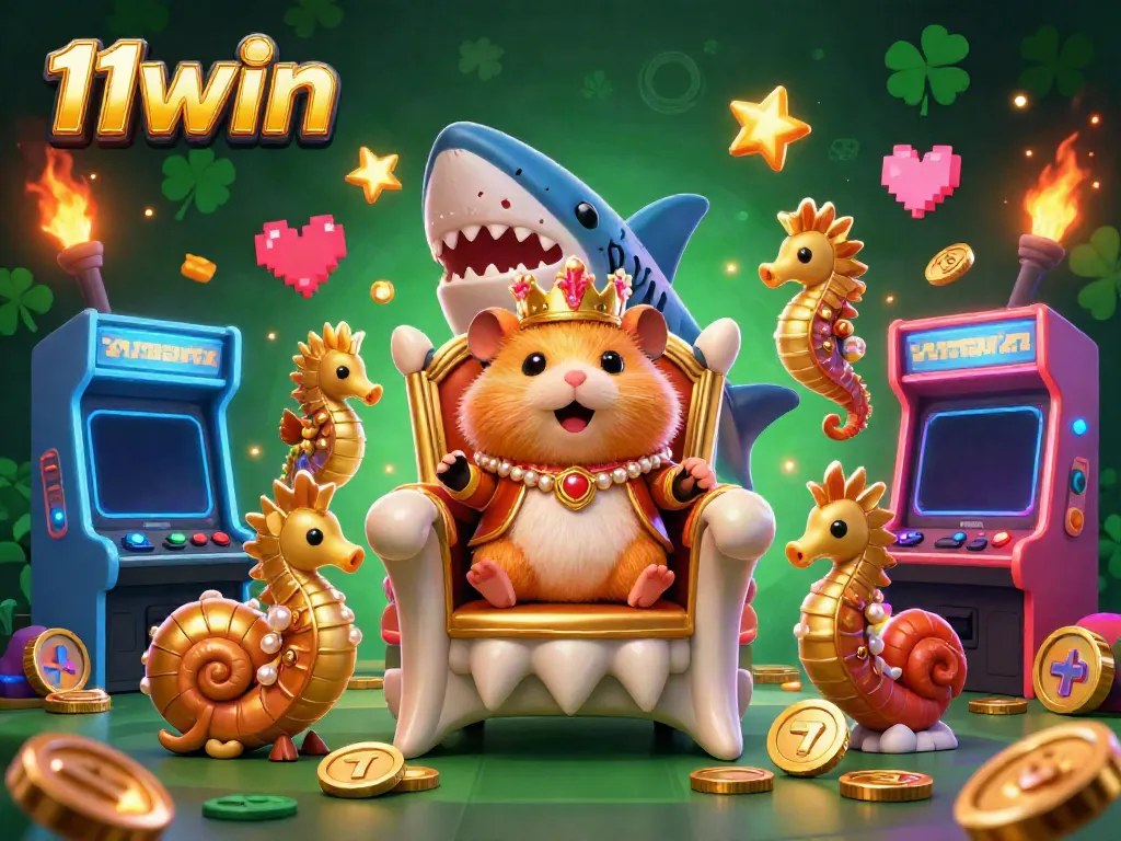 Experience the vibrant gaming world of 11win with a hamster king on a megalodon throne in a rich casino scene.
