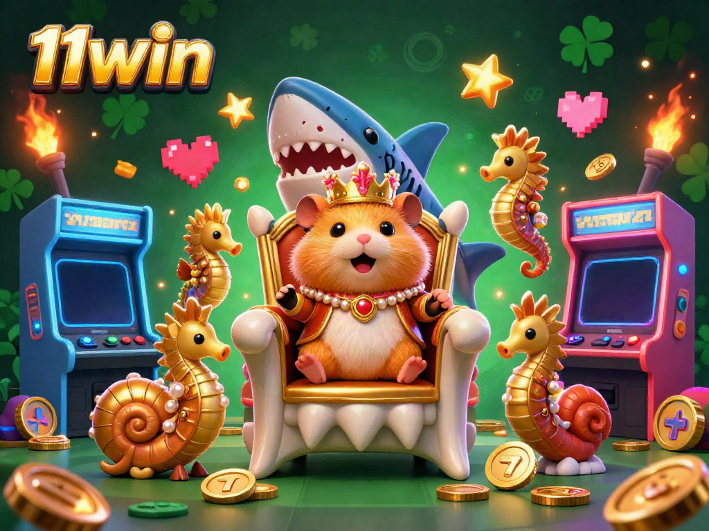 Experience the vibrant gaming world of 11win with a hamster king on a megalodon throne in a rich casino scene.