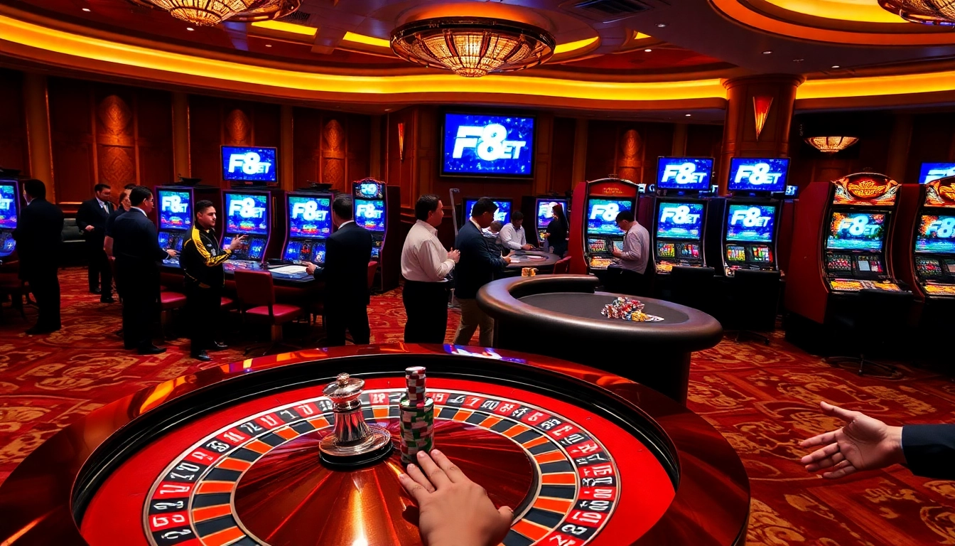 Experience the thrill of F8 BET at a luxurious casino with roulette and slot games.