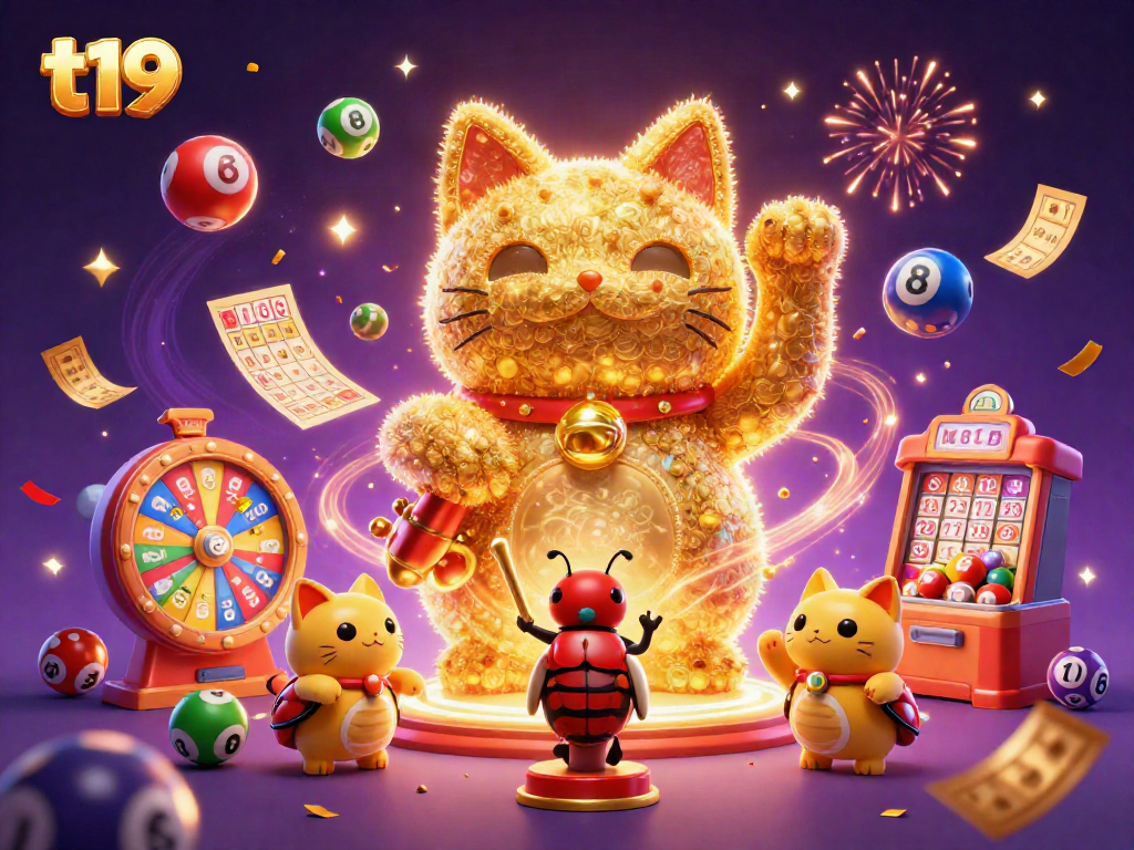 Experience the thrilling t19 atmosphere with a vibrant lucky cat surrounded by colorful lottery elements.