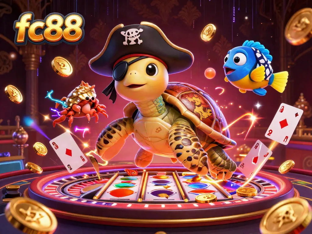 Join the casino excitement with the lively fc88 scene featuring pirate turtle, crab, and parrotfish.