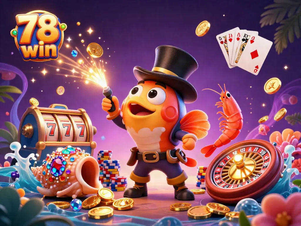 Catch golden coins with 78 win in this vibrant 3D casino scene featuring lucky charm characters.