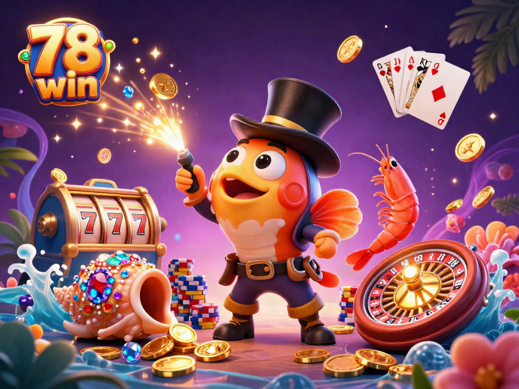 Catch golden coins with 78 win in this vibrant 3D casino scene featuring lucky charm characters.