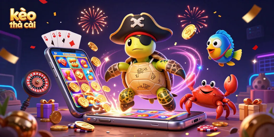 Engaging action with kèo nhà cái featuring a pirate turtle and friends above treasures in a dynamic casino scene.