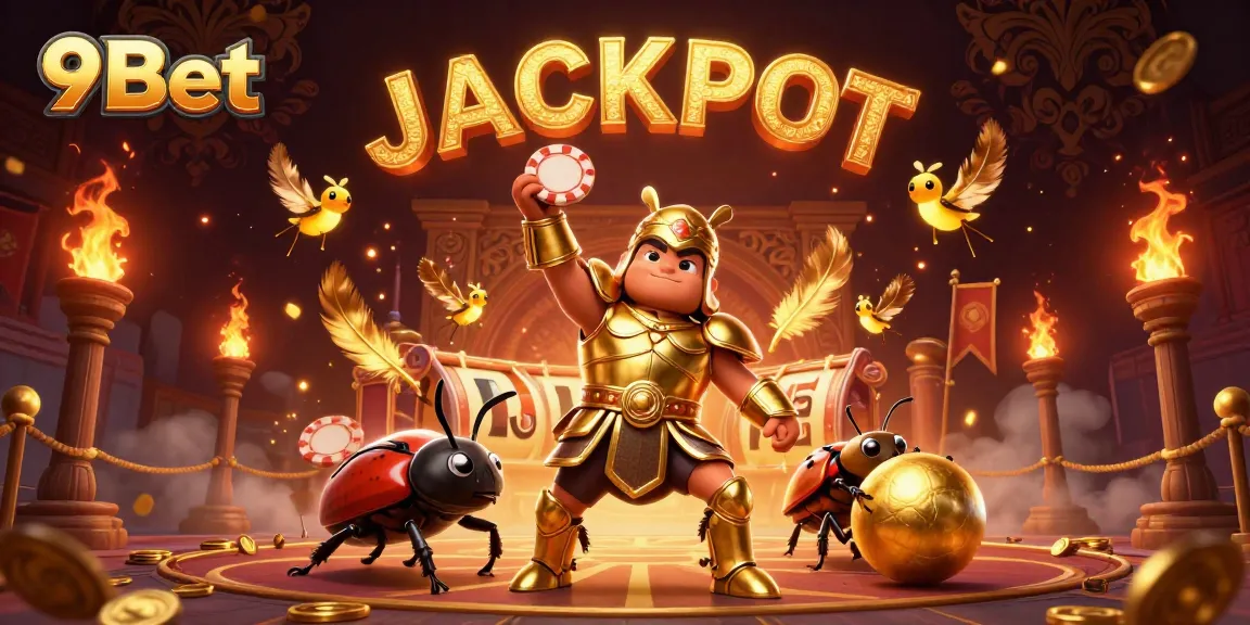 Engage with 9Bet's immersive gaming experience, showcasing a vibrant illustration with a hercules beetle celebrating a jackpot.