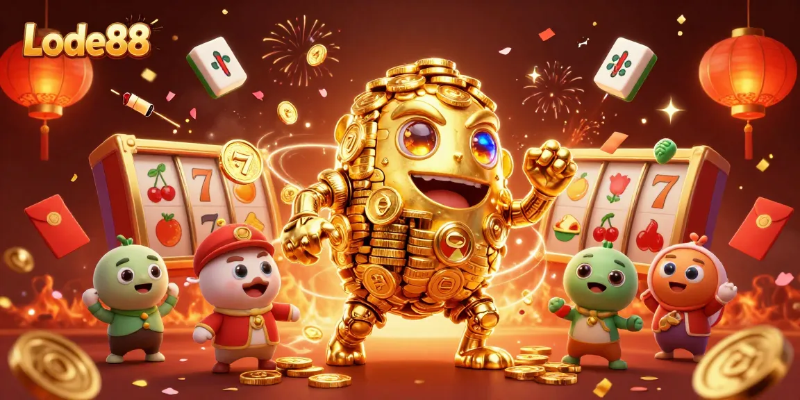 Lode88 showcases a vibrant 3D casino scene with a golden golem and slot symbols for exciting gameplay.