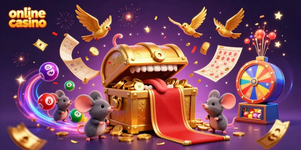 Online casino illustration showing a vibrant treasure chest and exciting game elements for a thrilling gaming experience.
