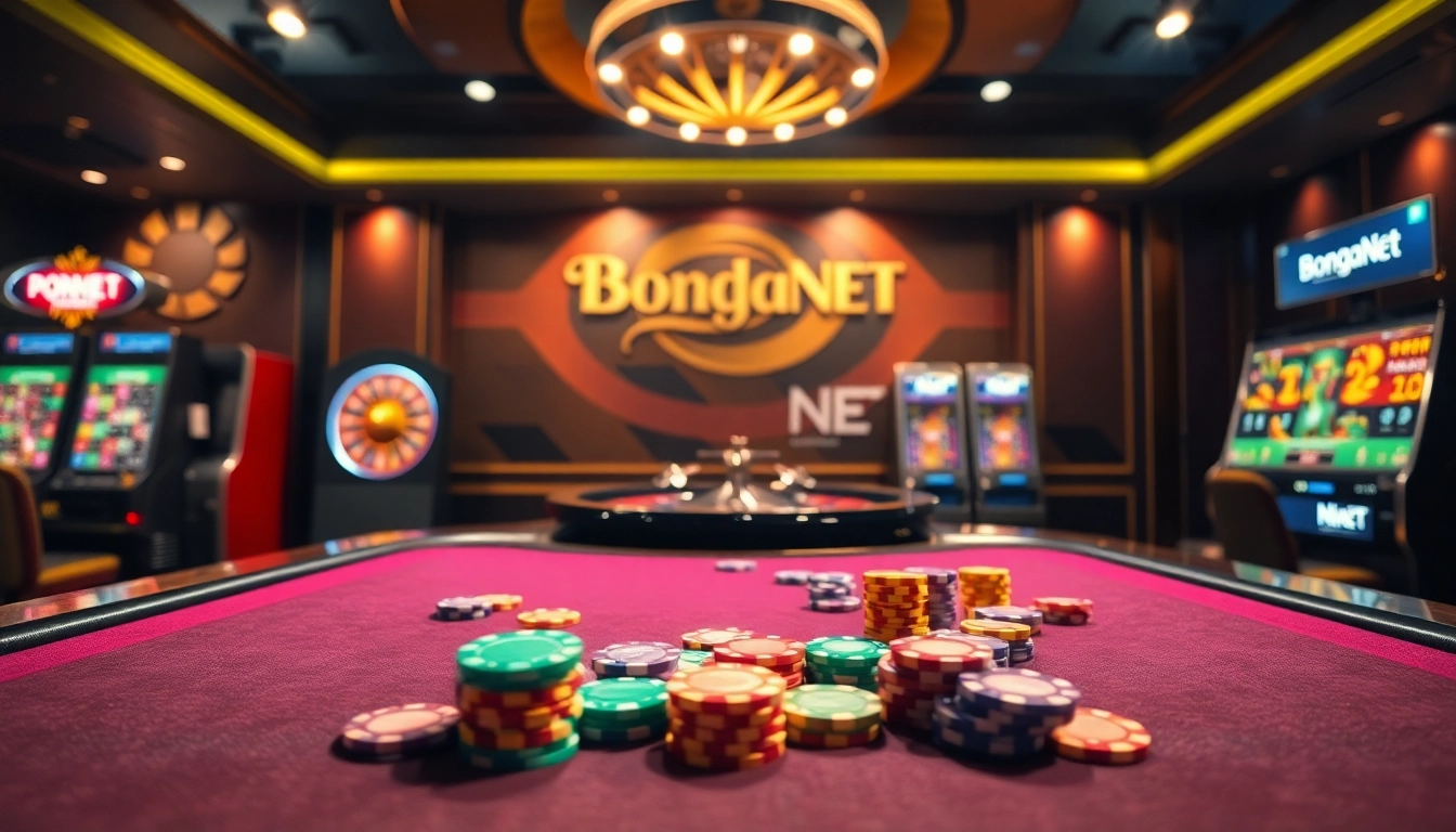 Place your bets at Bongdanet, featuring a lively poker table environment with vibrant chips and an exciting roulette wheel.