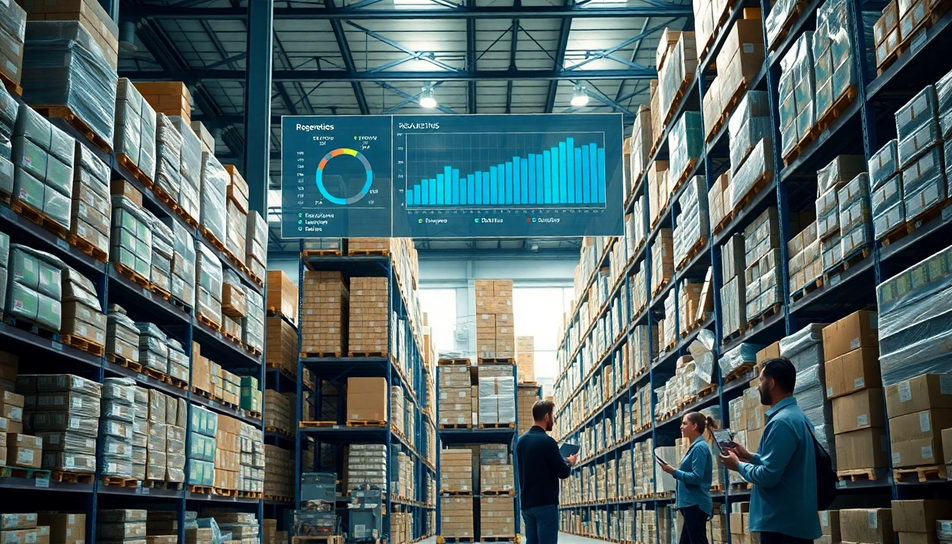 Optimize inventory optimization with a well-organized warehouse displaying real-time metrics.