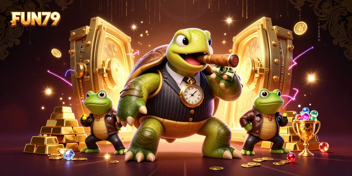 Engage with FUN79's thrilling online casino world, featuring an energetic turtle mobster and dynamic casino elements.