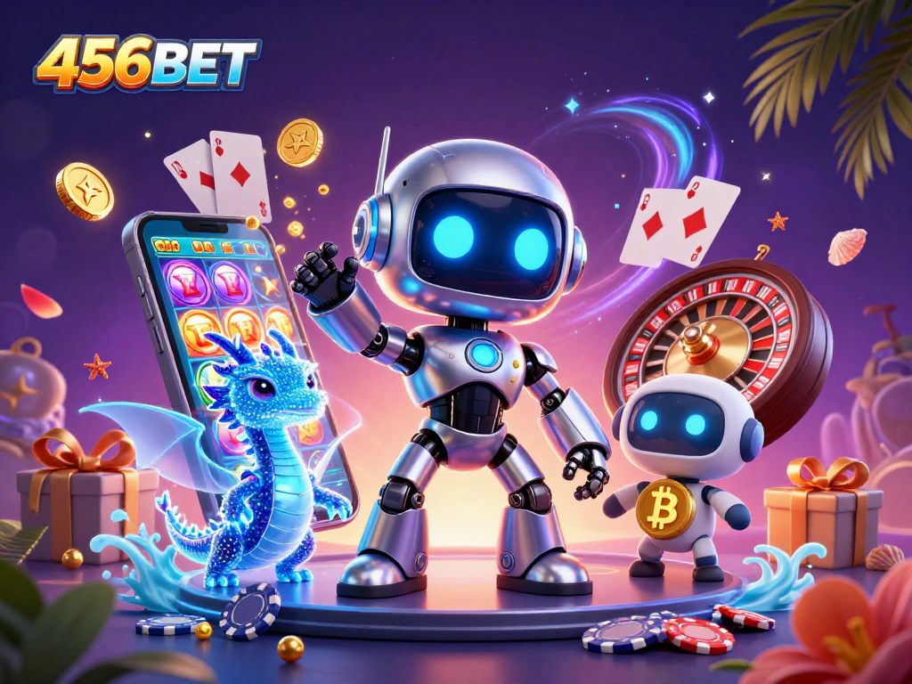 Engage with 456BET in this vibrant 3D illustration highlighting the excitement of online slots and crypto gaming.
