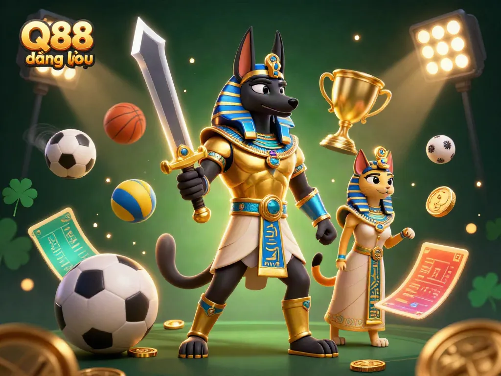 Engage in Q88 đăng nhập with a dynamic scene featuring Anubis and Bastet amidst various interactive sports elements.