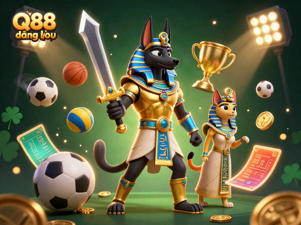 Engage in Q88 đăng nhập with a dynamic scene featuring Anubis and Bastet amidst various interactive sports elements.