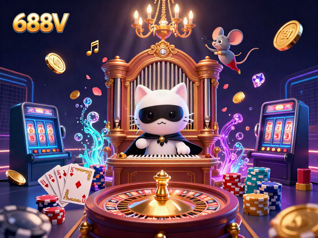 Experience the excitement at 688V with a mystical casino scene featuring a phantom cat and a mouse acrobat.
